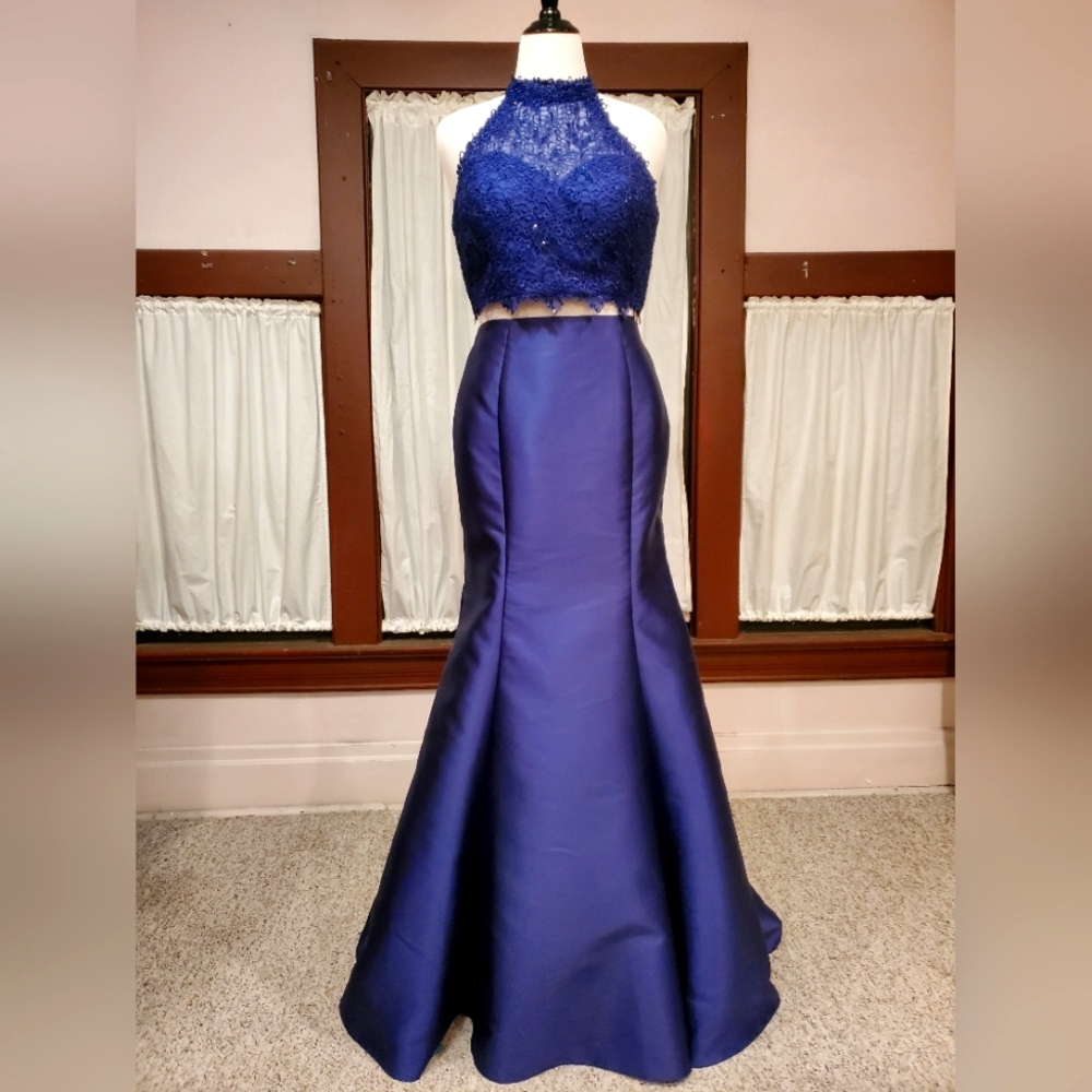 Cobalt Blue Halter Two Piece Mermaid Gown